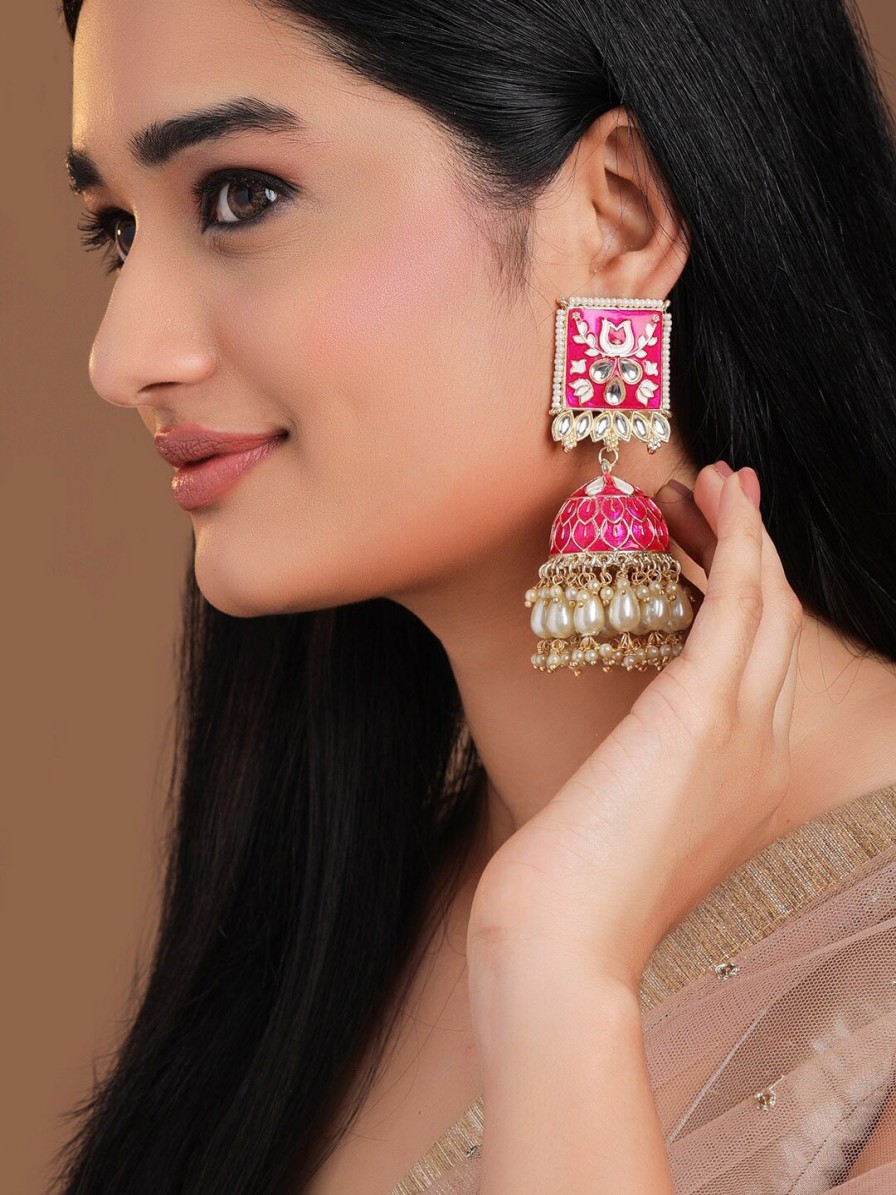 Women Rubans Earrings | Buy Rubans Gold Plated Pink Kundan Studded & Enamel Handcrafted Meenakari Dome Shaped Jhumkas - Accessories For Women