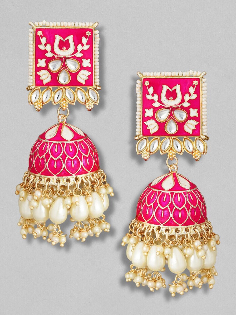 Women Rubans Earrings | Buy Rubans Gold Plated Pink Kundan Studded & Enamel Handcrafted Meenakari Dome Shaped Jhumkas - Accessories For Women