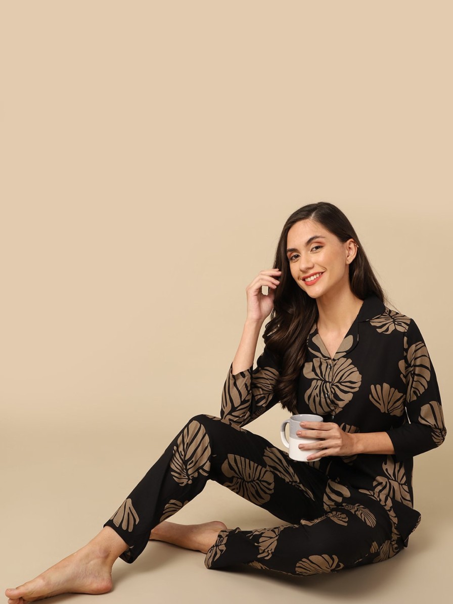 Women Boston Club Sleepwear & Loungewear | Buy Boston Club Women Black & Brown Printed Night Suit - Apparel For Women