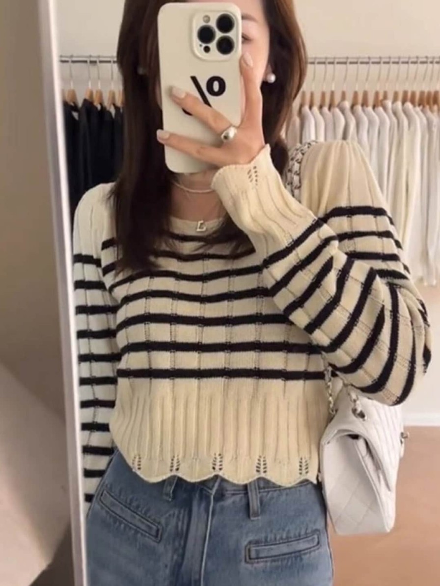 Kids StyleCast Tops | Buy Stylecast Girls Cream Coloured Horizontal Stripes Round Neck Long Sleeves Crop Top - Apparel For Girls