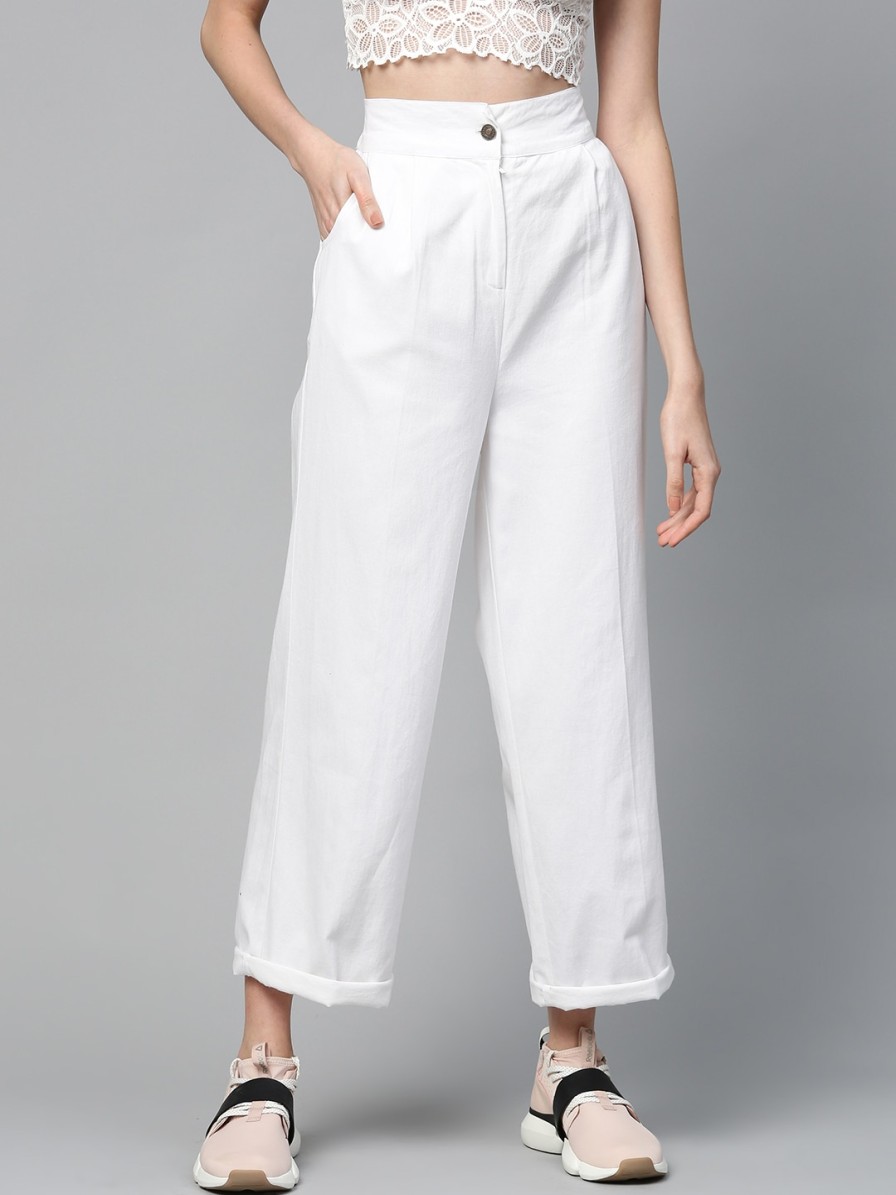 Women SASSAFRAS Trousers & Capris | Buy Sassafras Women White Twill Parallel Trousers - Apparel For Women