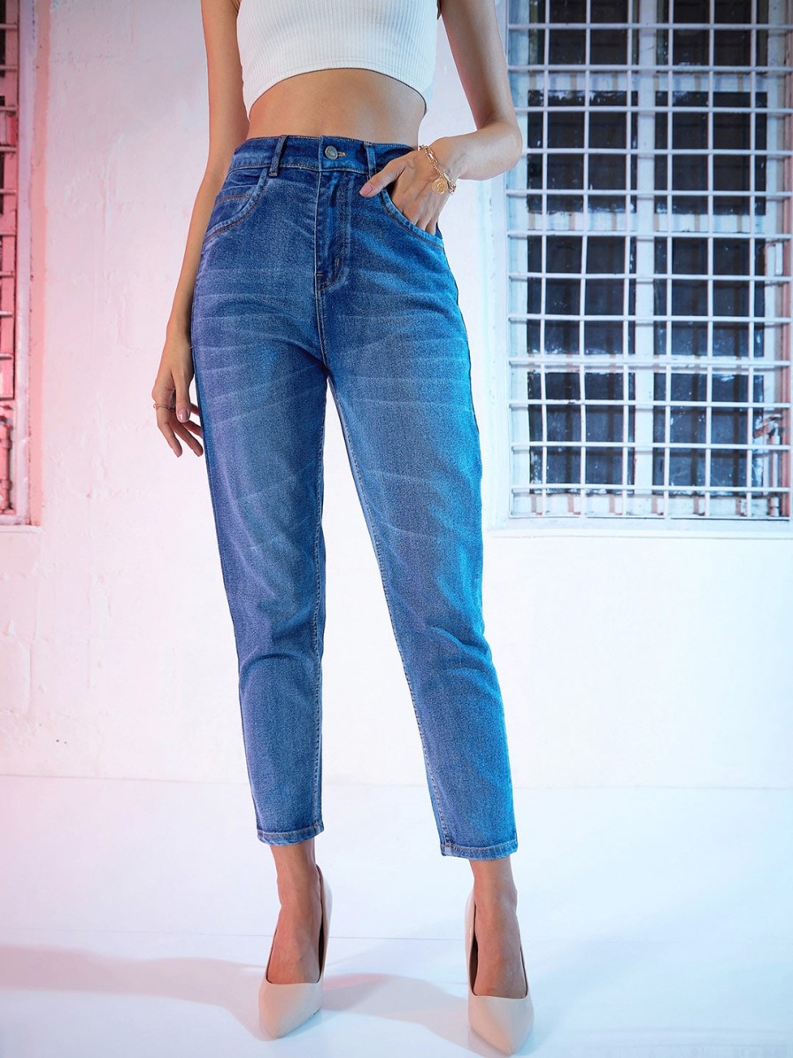 Women SASSAFRAS Jeans | Buy Sassafras Women Blue Pure Cotton Relaxed Fit High Rise Clean Look Cropped Jeans - Apparel For Women