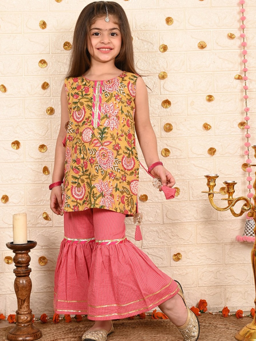 Kids Sangria Kurta Sets | Buy Sangria Girls Yellow & Pink Floral Printed Gota Patti Pure Cotton Kurti With Sharara - Apparel For Girls