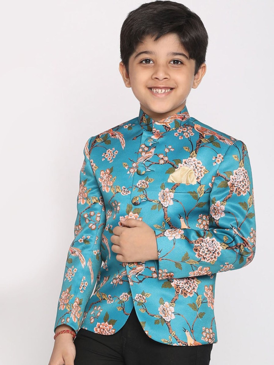 Kids VASTRAMAY Ethnic Wear | Buy Vastramay Boys Turquoise Blue Printed Bandhgala Blazer - Apparel For Boys