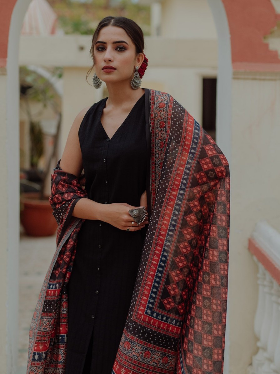 Women anayna Kurtas & Suits | Buy Anayna Women Black Ethnic Motifs Pure Cotton Kurta With Palazzos & Dupatta - Apparel For Women