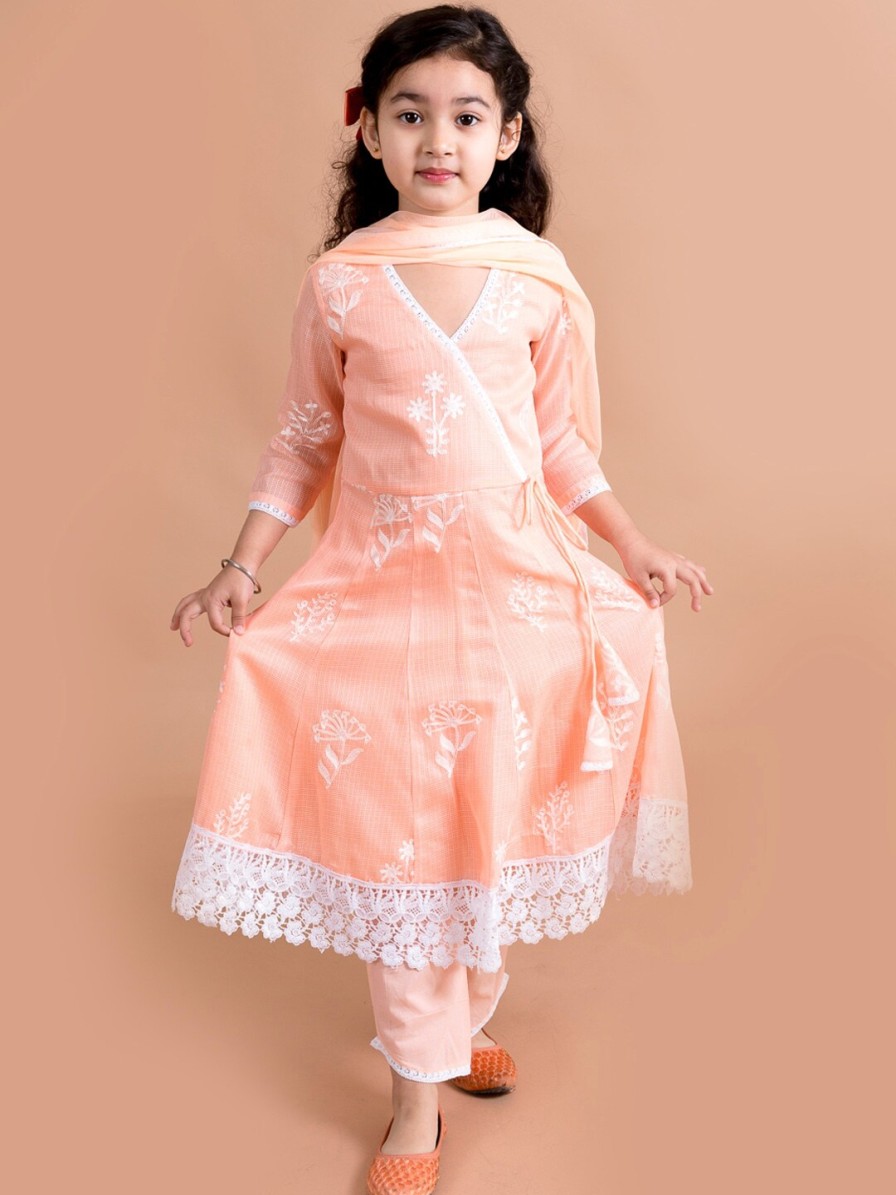 Kids pspeaches Kurta Sets | Buy Pspeaches Girls Peach Coloured Floral Printed Angrakha Pure Cotton Kurta With Trousers & With Dupatta - Apparel For Girls