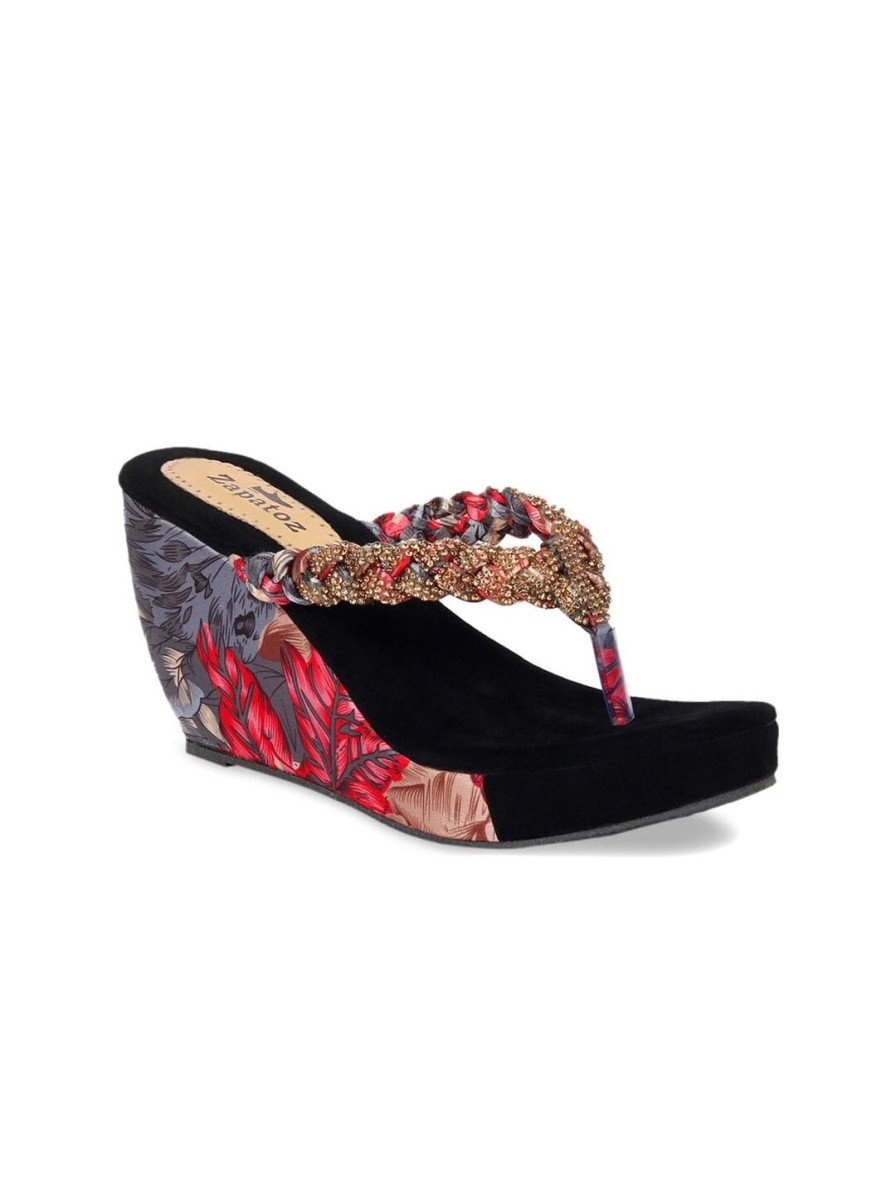 Kids ZAPATOZ Heels | Buy Zapatoz Girls Red & Blue Printed Pu Ethnic Wedge Heels Sandals - Footwear For Girls