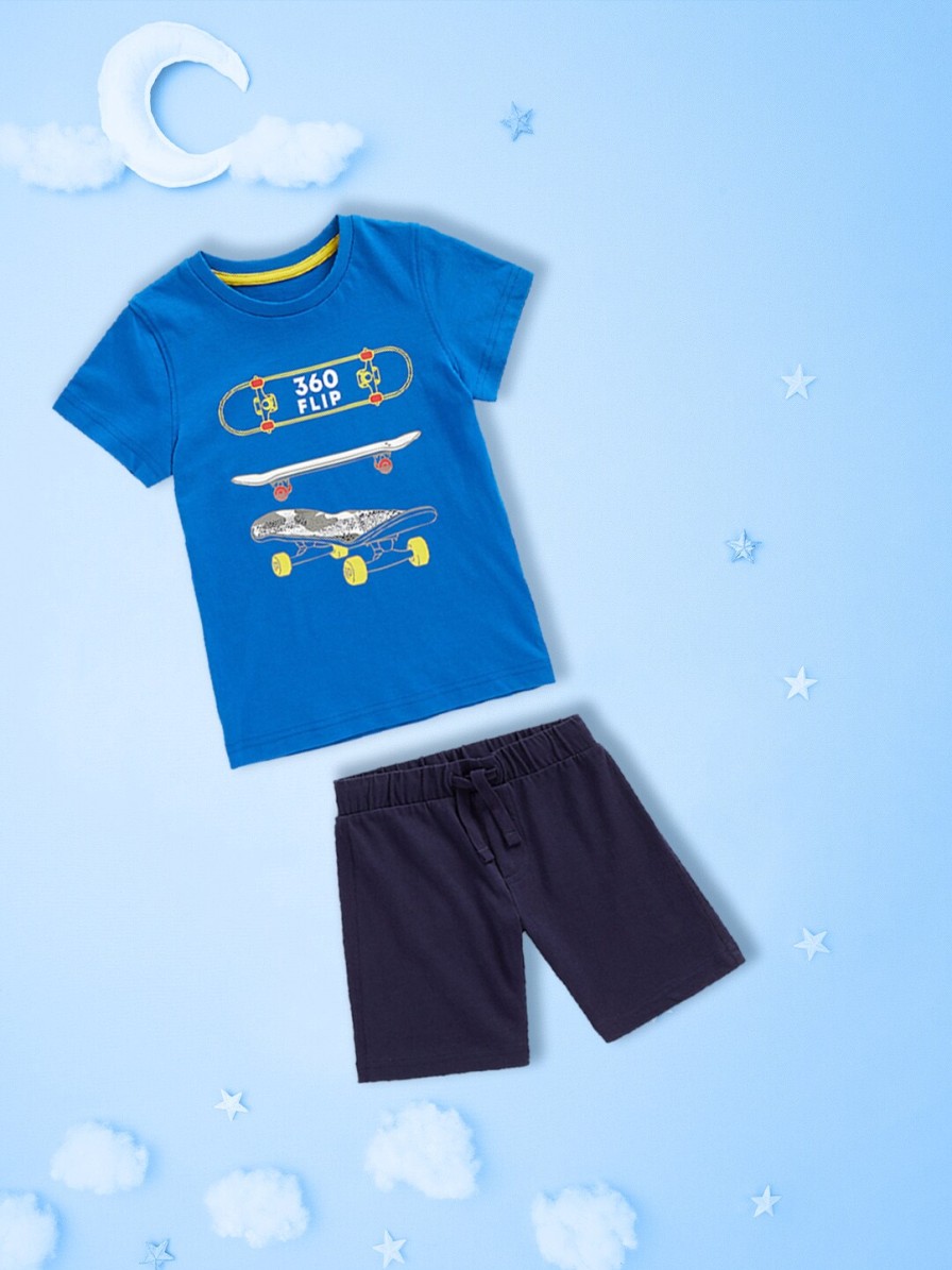 Kids mothercare Mothercare | Buy Mothercare Boys Blue & White Printed Pure Cotton T Shirt With Shorts - Apparel For Boys