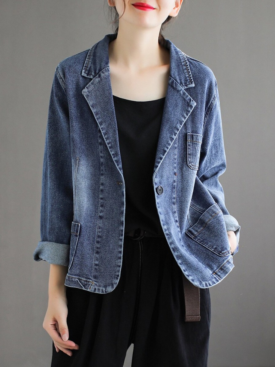 Women StyleCast Jackets | Buy Stylecast Blue Lapel Collar Cotton Denim Jacket - Apparel For Women