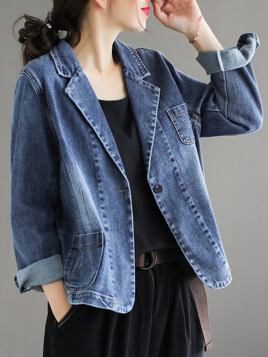 Women StyleCast Jackets | Buy Stylecast Blue Lapel Collar Cotton Denim Jacket - Apparel For Women