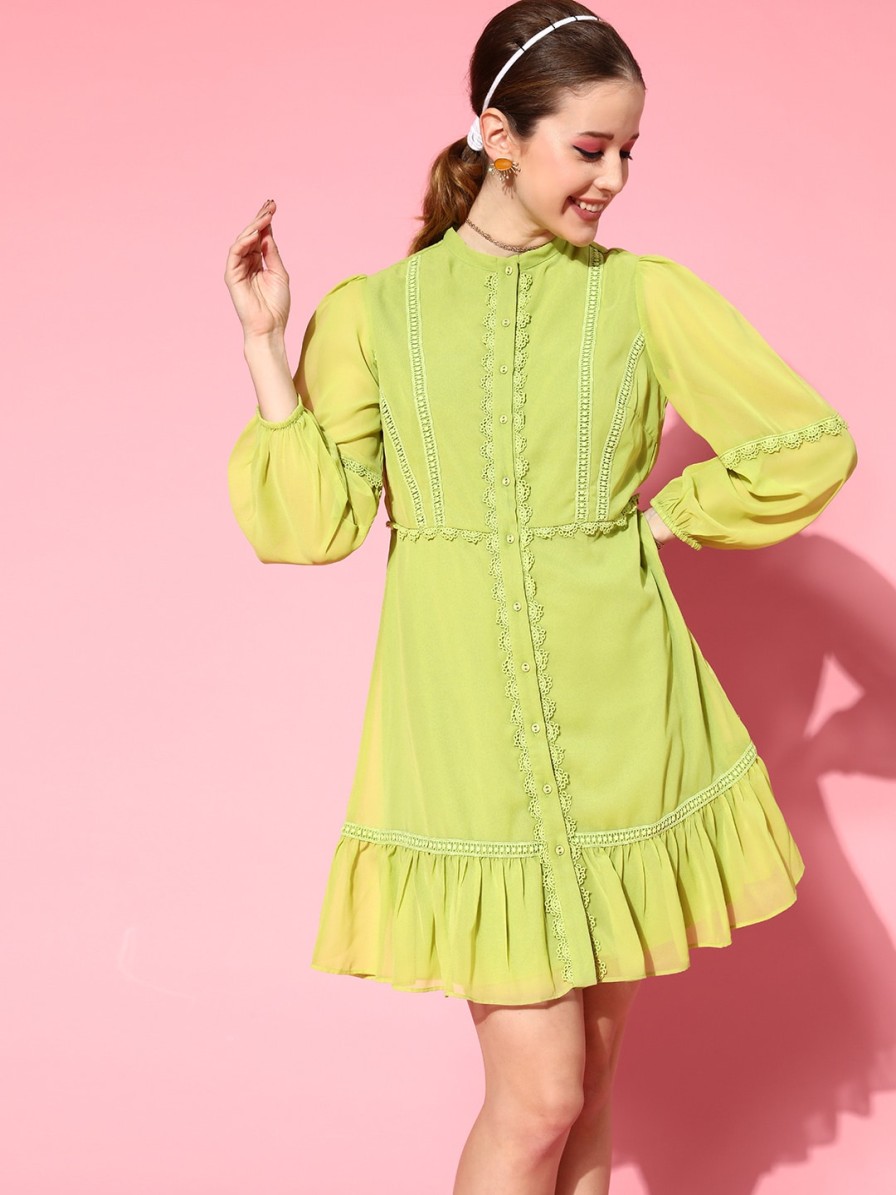 Women SASSAFRAS Dresses | Buy Sassafras Women Attractive Lime Green Solid Feminine Frills Dress - Apparel For Women