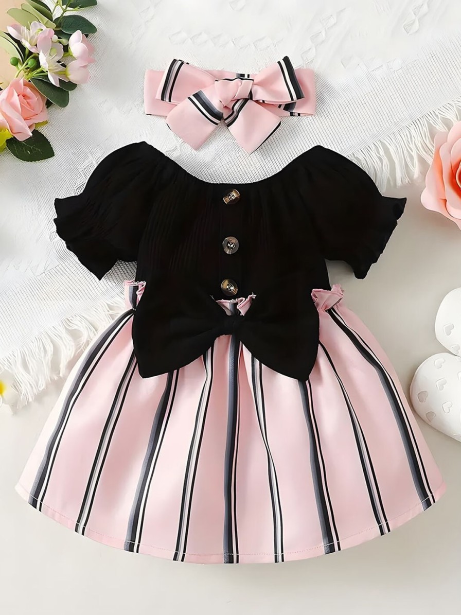 Kids BAESD Dresses | Buy Baesd Girls Striped Puff Sleeves Bow Detail Fit & Flare Dress - Apparel For Girls