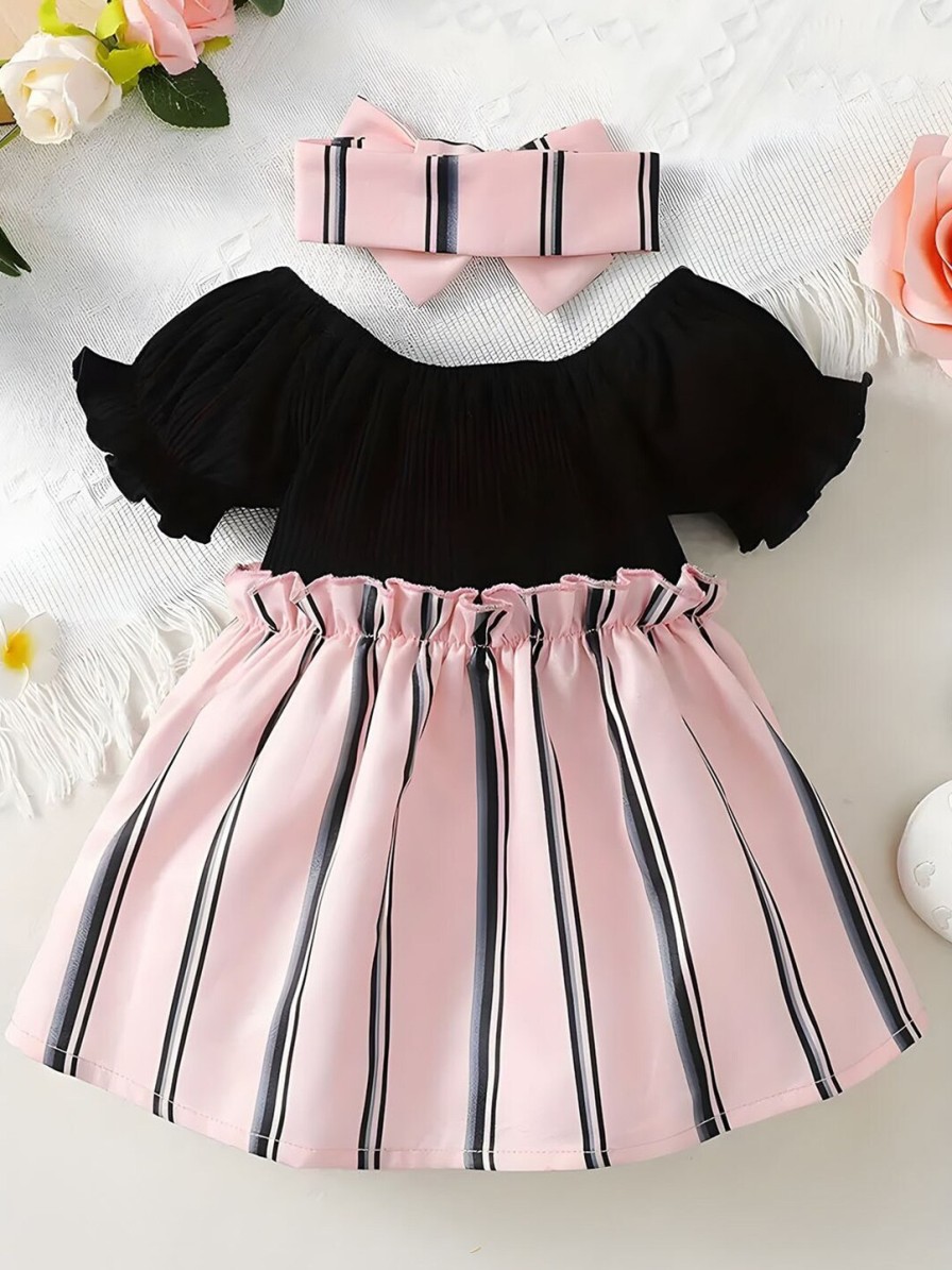 Kids BAESD Dresses | Buy Baesd Girls Striped Puff Sleeves Bow Detail Fit & Flare Dress - Apparel For Girls