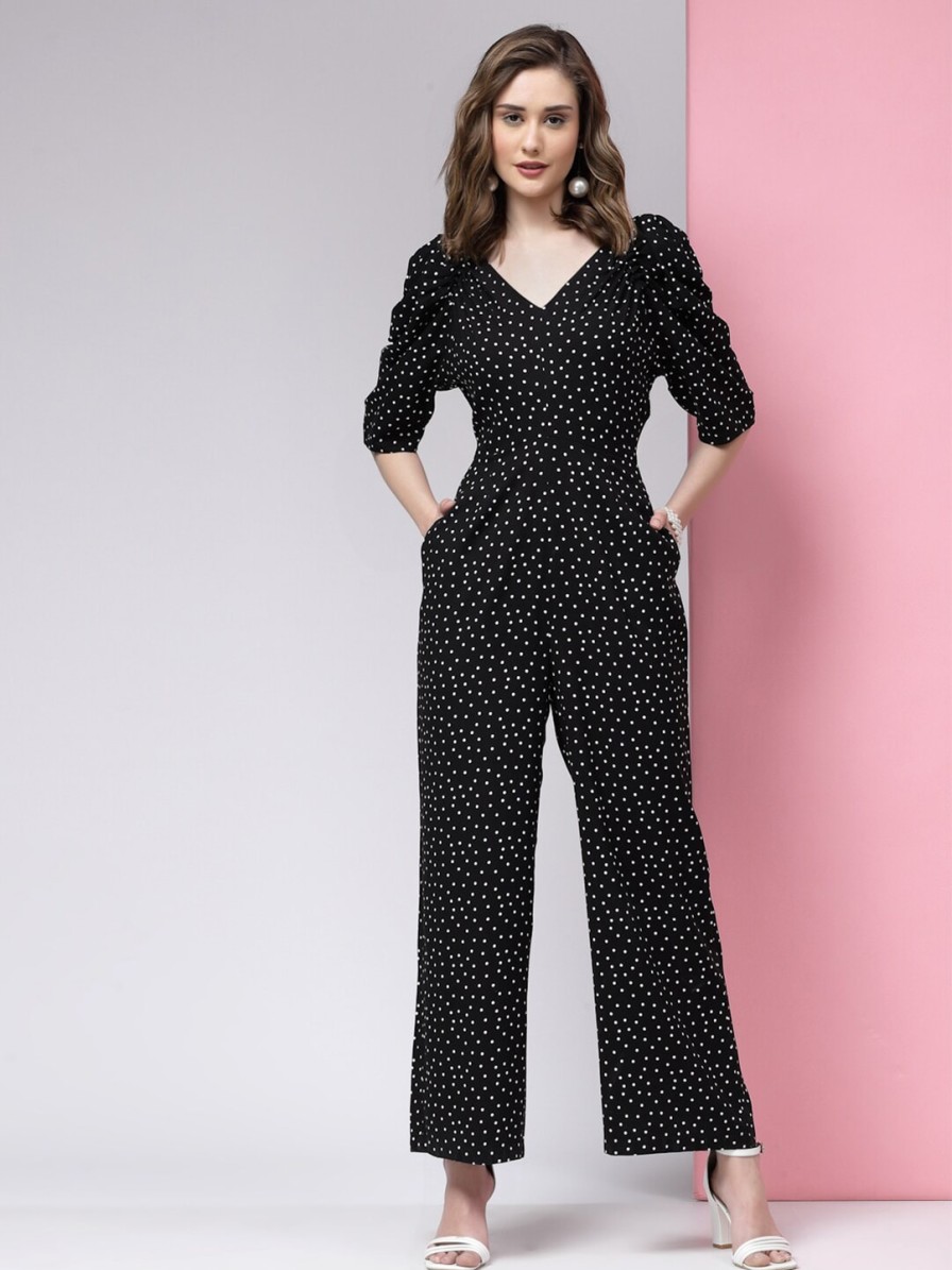 Women KASSUALLY Jumpsuits | Buy Kassually V Neck Polka Dot Printed Cotton Basic Jumpsuit - Apparel For Women