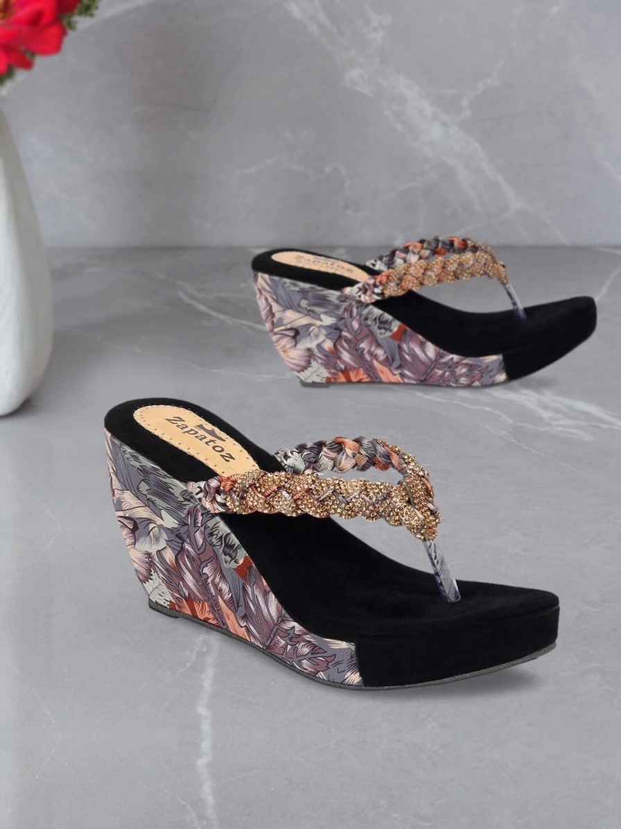 Kids ZAPATOZ Heels | Buy Zapatoz Girls Black & Cream Coloured Printed Pu Wedge Heels Sandals - Footwear For Girls