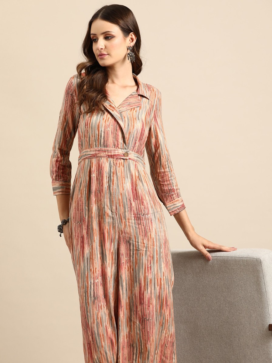 Women Anouk Jumpsuits | Buy Anouk Shawl Neck Striped Basic Jumpsuit - Apparel For Women