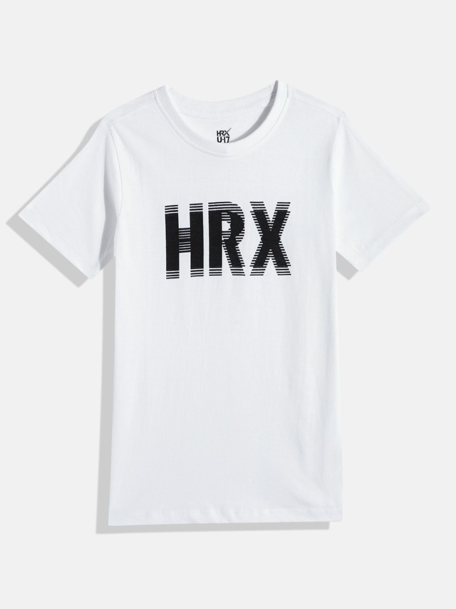 Kids HRX by Hrithik Roshan Hrx | Buy Hrx By Hrithik Roshan Boys White & Black Brand Logo Printed Pure Cotton T Shirt - Apparel For Boys