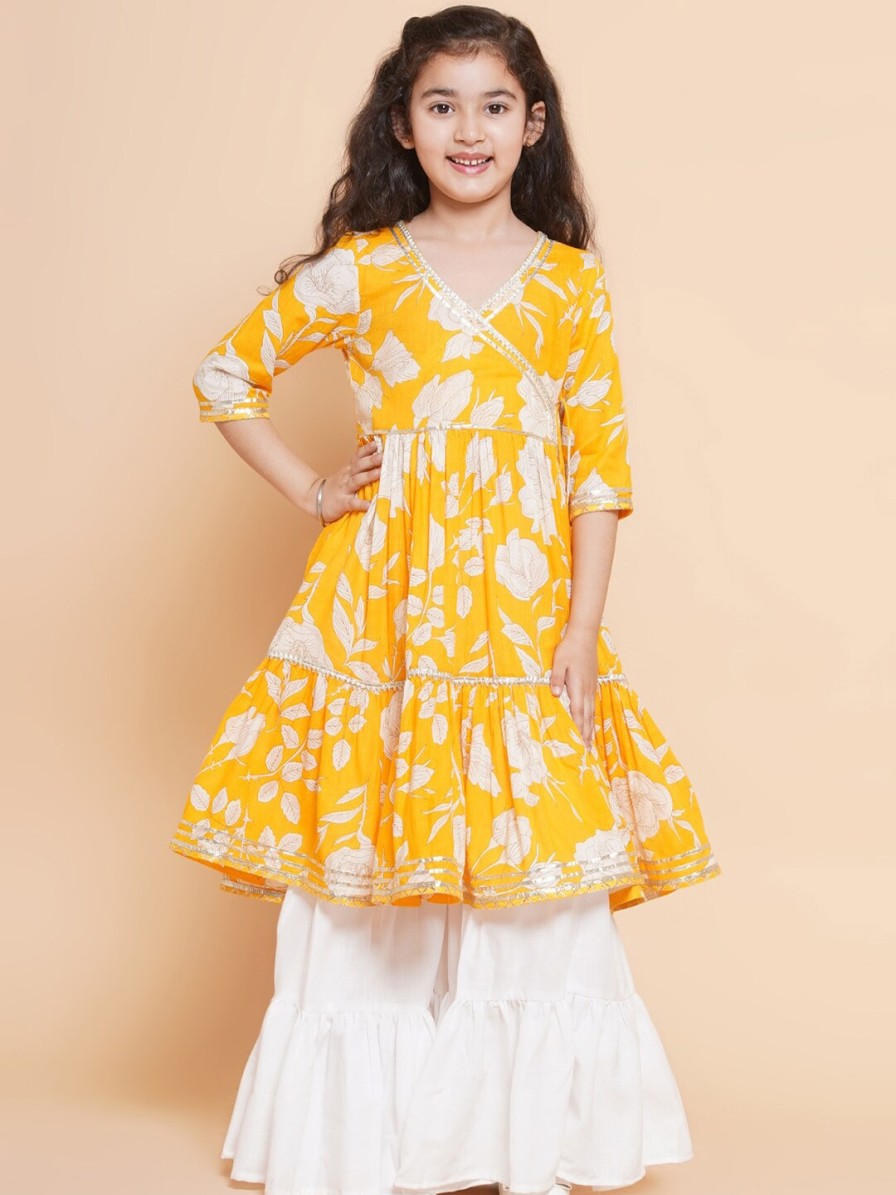 Kids Bitiya by Bhama Kurta Sets | Buy Bitiya By Bhama Girls Floral Printed Angrakha Gotta Patti Pure Cotton Kurta With Sharara - Apparel For Girls