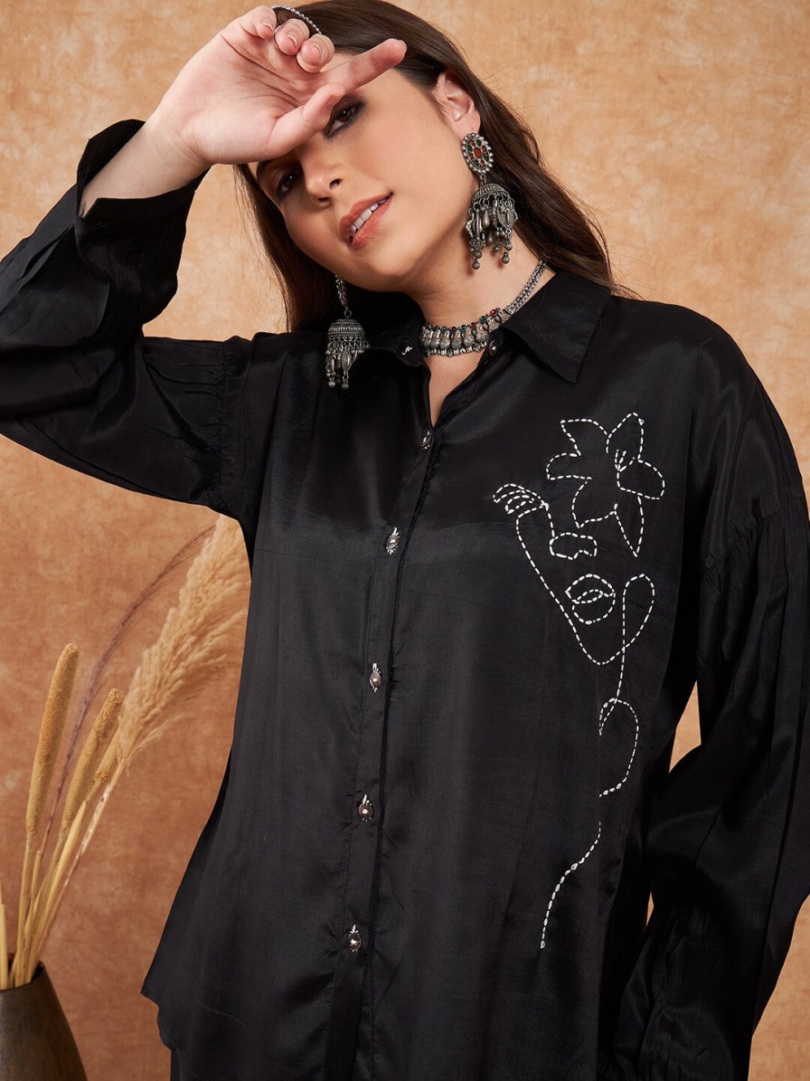 Women Sangria Co-Ords | Buy Sangria Embroidered Viscose Silk Oversized Shirt With Palazzo Co Ords - Apparel For Women