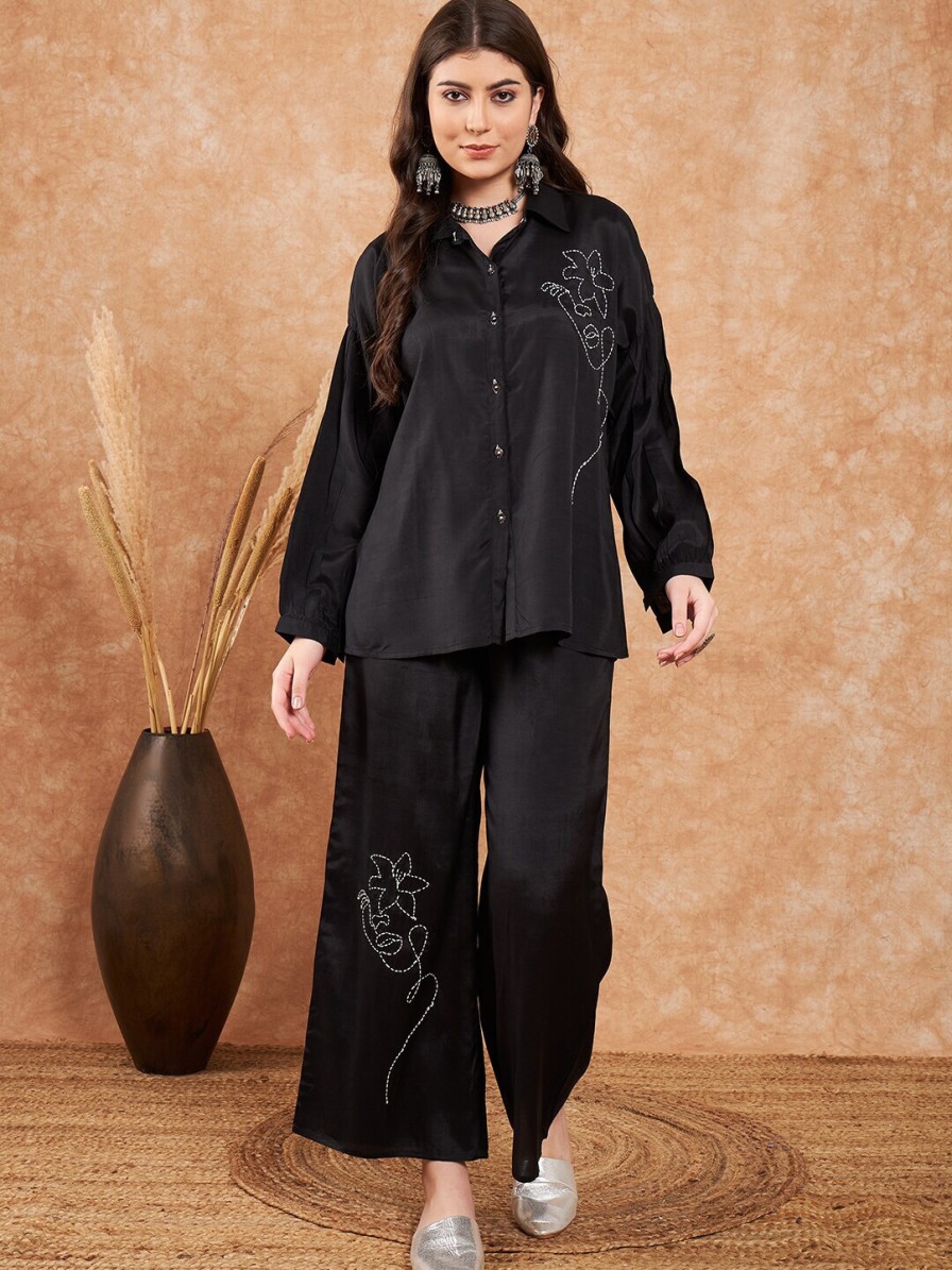 Women Sangria Co-Ords | Buy Sangria Embroidered Viscose Silk Oversized Shirt With Palazzo Co Ords - Apparel For Women