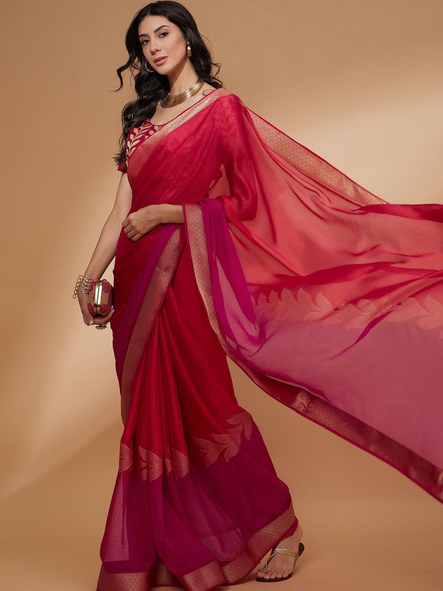 Women all about you Sarees | Buy All About You Pink Floral Woven Design Zari Detailed Pure Chiffon Saree - Apparel For Women