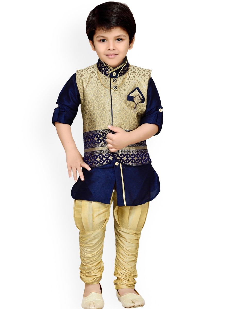 Kids Aj DEZInES Ethnic Wear | Buy Aj Dezines Boys Blue & Beige Solid Kurta With Pyjamas And Nehru Jacket - Apparel For Boys