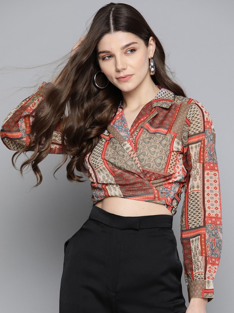 Women SASSAFRAS Tops | Buy Sassafras Brown & Red Geometric Printed Georgette Wrap Crop Top - Apparel For Women