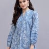 Women QOMN Kurtis, Tunics & Tops | Buy Qomn Blue Print Mandarin Collar Empire Pure Cotton Longline Top - Apparel For Women