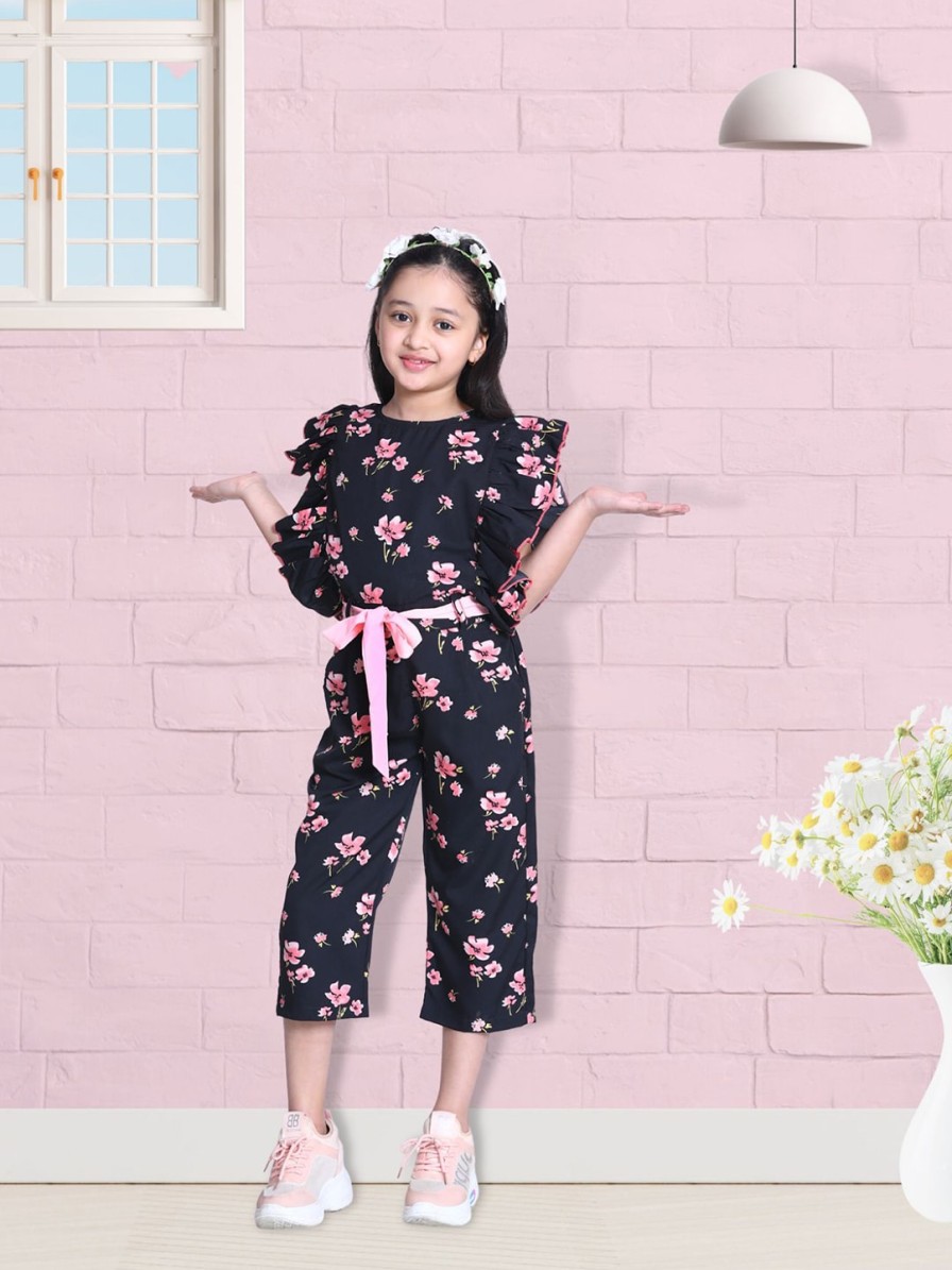 Kids Cutiekins Dungarees & Jumpsuits | Buy Cutiekins Girls Black & Pink Printed Capri Jumpsuit - Apparel For Girls