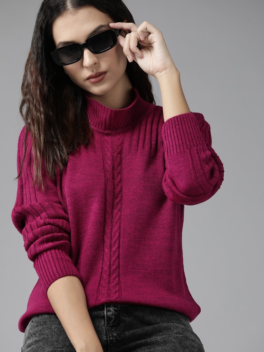 Women Roadster Sweaters & Sweatshirts | Buy Roadster Women Magenta Cable Knit Acrylic Pullover - Apparel For Women