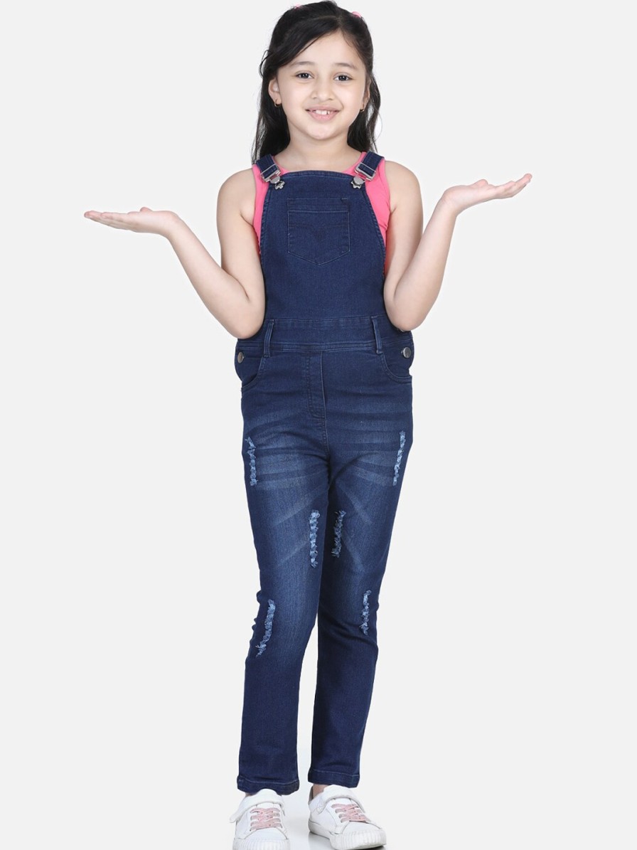 Kids StyleStone Dungarees & Jumpsuits | Buy Stylestone Girls Blue Solid Distressed Cotton Denim Dungarees - Apparel For Girls