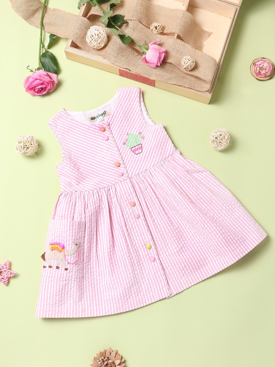 Kids Nauti Nati Dresses | Buy Nauti Nati Girls Pink Cotton Striped A Line Dress - Apparel For Girls