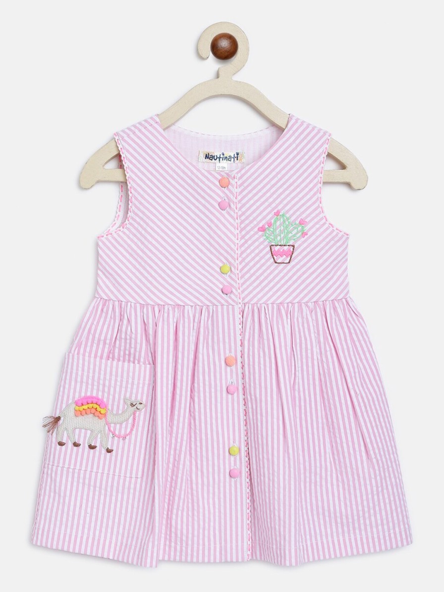 Kids Nauti Nati Dresses | Buy Nauti Nati Girls Pink Cotton Striped A Line Dress - Apparel For Girls