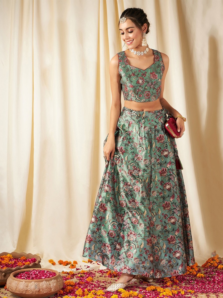 Women Shae by SASSAFRAS Lehenga Cholis | Buy Shae By Sassafras Floral Printed Ready To Wear Lehenga & Crop Top - Apparel For Women