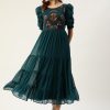 Women Antheaa Dresses | Buy Antheaa Teal Green & Brown Floral Dobby Woven Embellished Maxi Tiered Dress - Apparel For Women