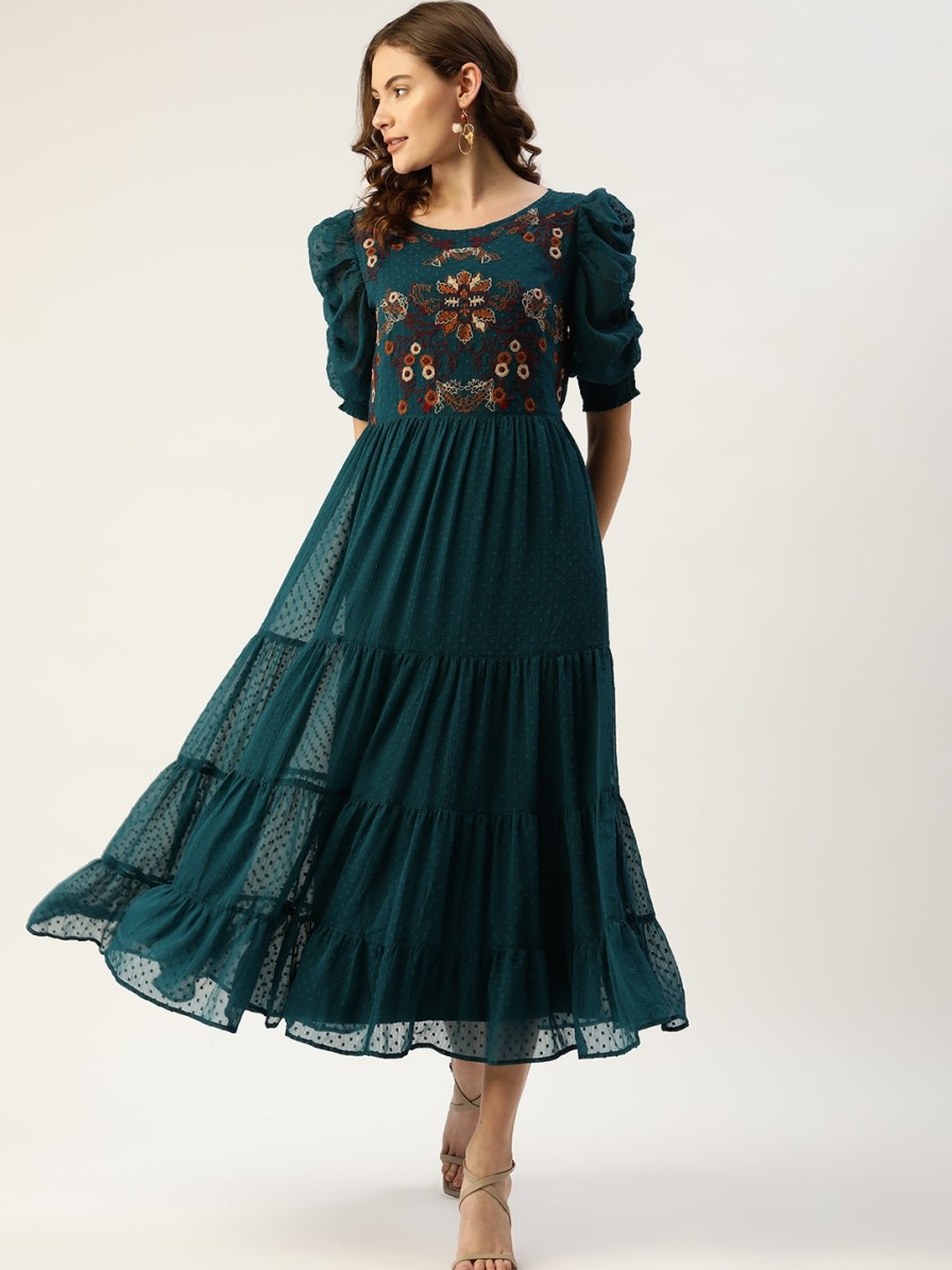 Women Antheaa Dresses | Buy Antheaa Teal Green & Brown Floral Dobby Woven Embellished Maxi Tiered Dress - Apparel For Women