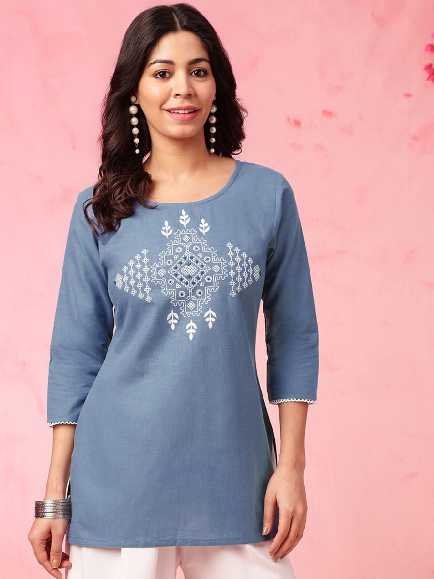 Women Anouk Kurtis, Tunics & Tops | Buy Anouk Blue Ethnic Motifs Embroidered Thread Work Pure Cotton Straight Kurti - Apparel For Women