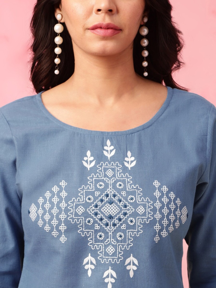 Women Anouk Kurtis, Tunics & Tops | Buy Anouk Blue Ethnic Motifs Embroidered Thread Work Pure Cotton Straight Kurti - Apparel For Women