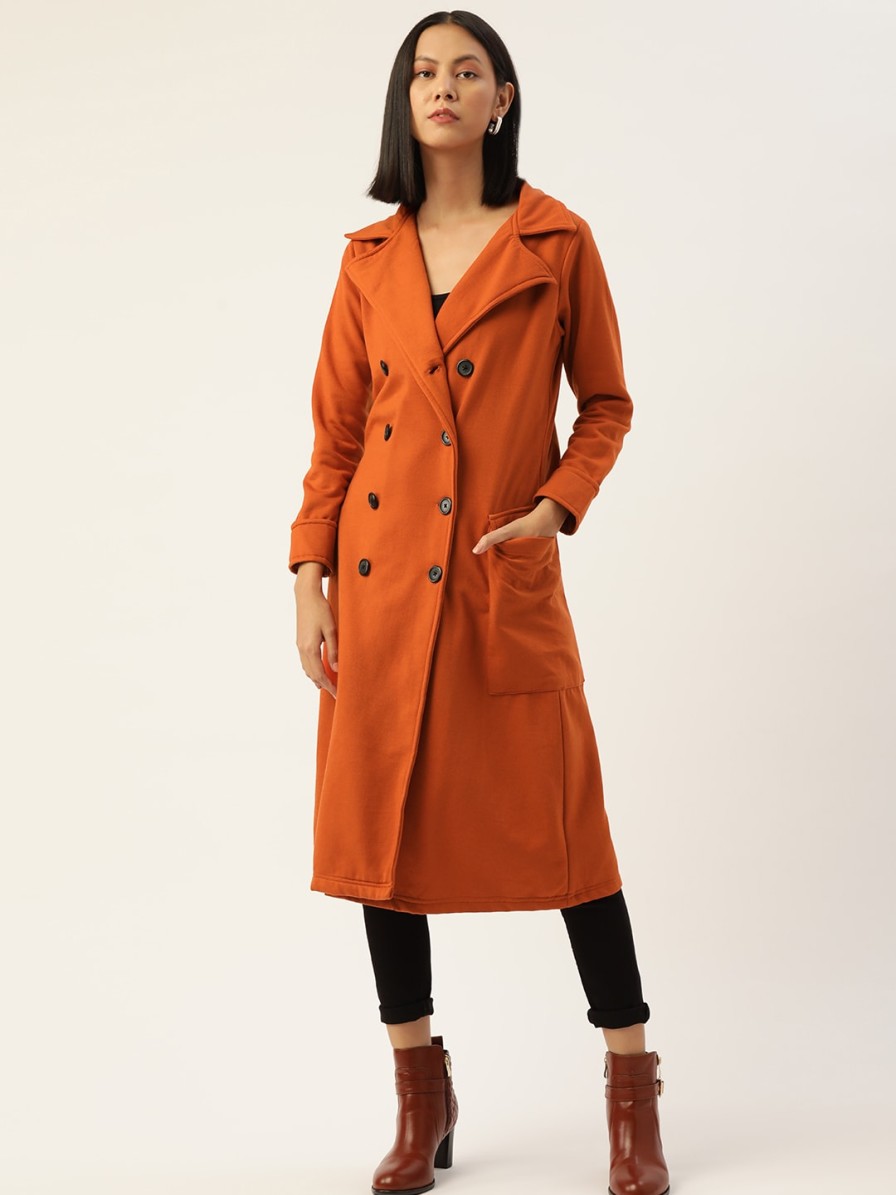 Women Alsace Lorraine Paris Jackets & Coats | Buy Alsace Lorraine Paris Women Rust Orange Solid Longline Double Breasted Trench Coat - Apparel For Women