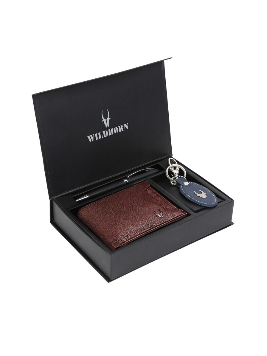 Men WildHorn Accessory Gift Sets | Buy Wildhorn Men Brown & Blue Rfid Protected Genuine Leather Wallet & Pen Accessory Gift Set - Accessories For Men