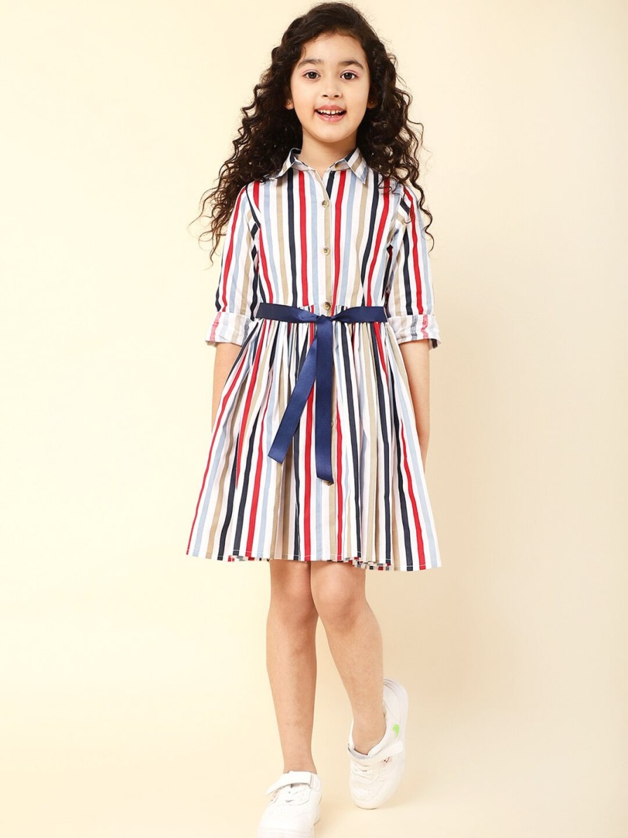 Kids A.T.U.N. Dresses | Buy A T U N Multicoloured Striped Keyhole Neck Dress - Apparel For Girls