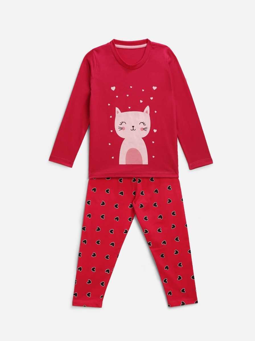 Kids HERE&NOW Nightwear & Loungewear | Buy Here&Now Girls Pink & Pink Cotton Cat Print Night Suit - Apparel For Girls