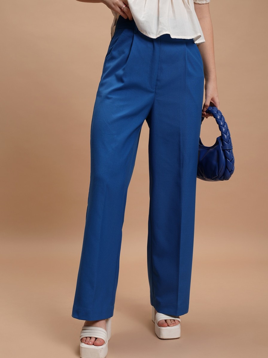 Women Tokyo Talkies Trousers & Capris | Buy Tokyo Talkies Women Blue Mid Rise Flared Trousers - Apparel For Women