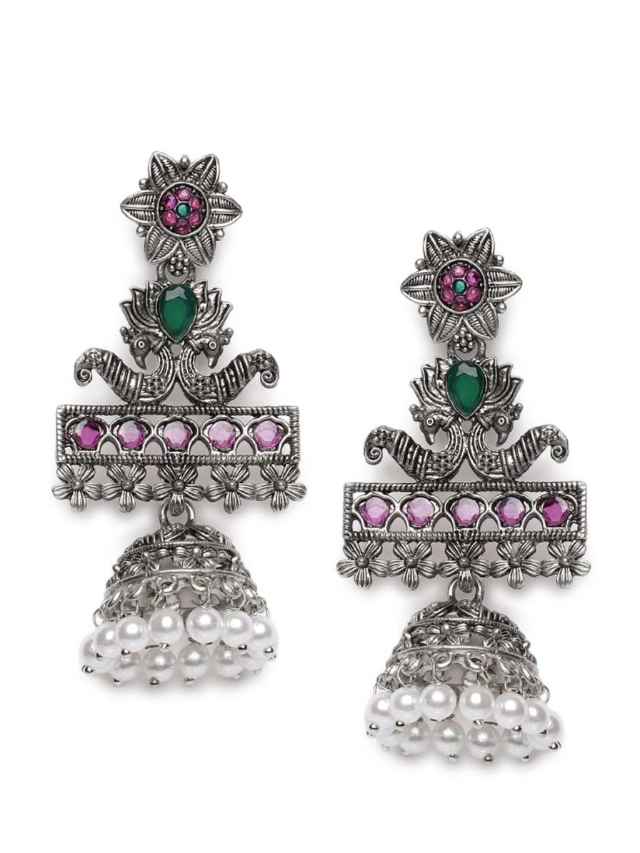 Women Sangria Earrings | Buy Sangria Pink & Green Silver Plated Stone Studded & Beaded Oxidized Jhumkas - Accessories For Women