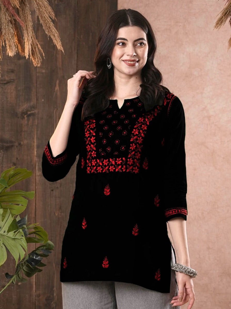 Women ADA Kurtis, Tunics & Tops | Buy Ada Women Black & Red Chikankari Hand Embroidered Pure Cotton Straight Sustainable Handloom Kurti - Apparel For Women