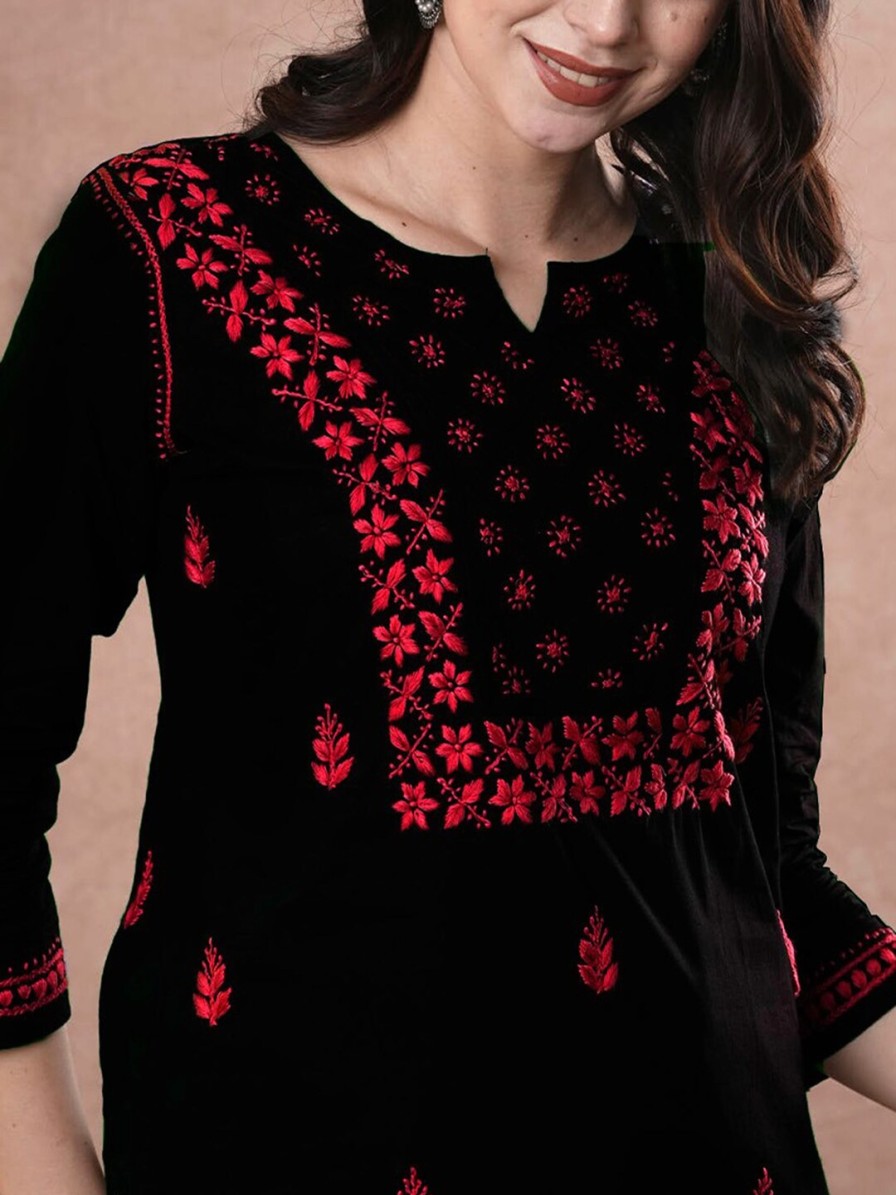 Women ADA Kurtis, Tunics & Tops | Buy Ada Women Black & Red Chikankari Hand Embroidered Pure Cotton Straight Sustainable Handloom Kurti - Apparel For Women