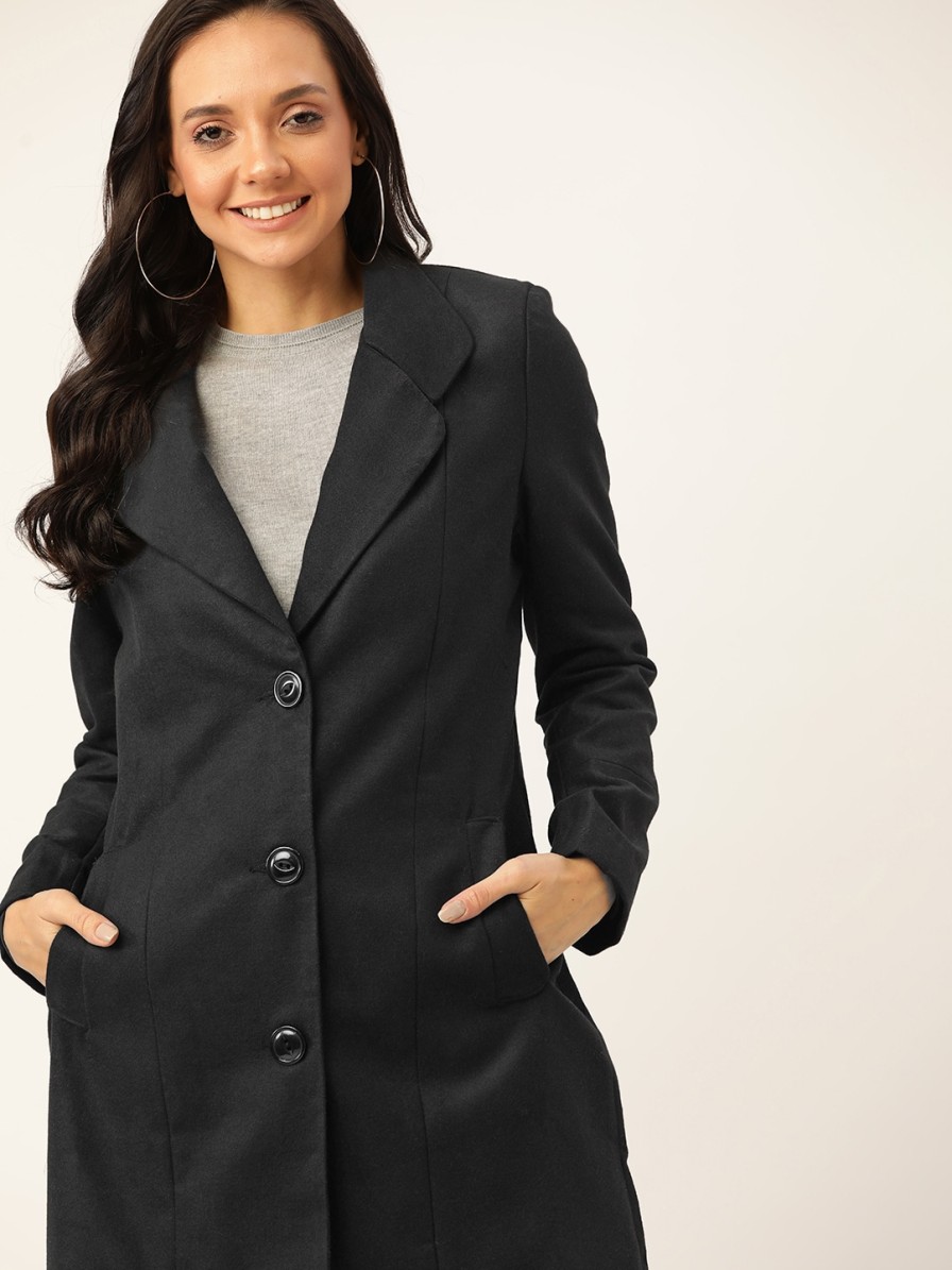 Women DressBerry Jackets & Coats | Buy Dressberry Women Black Solid Overcoat - Apparel For Women