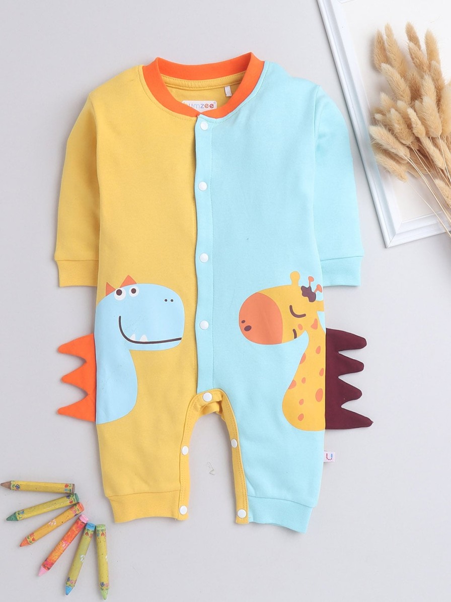 Kids BUMZEE Rompers & Sleepsuits | Buy Bumzee Boys Yellow & Turquoise Blue Colourblocked Cotton Rompers - Apparel For Boys