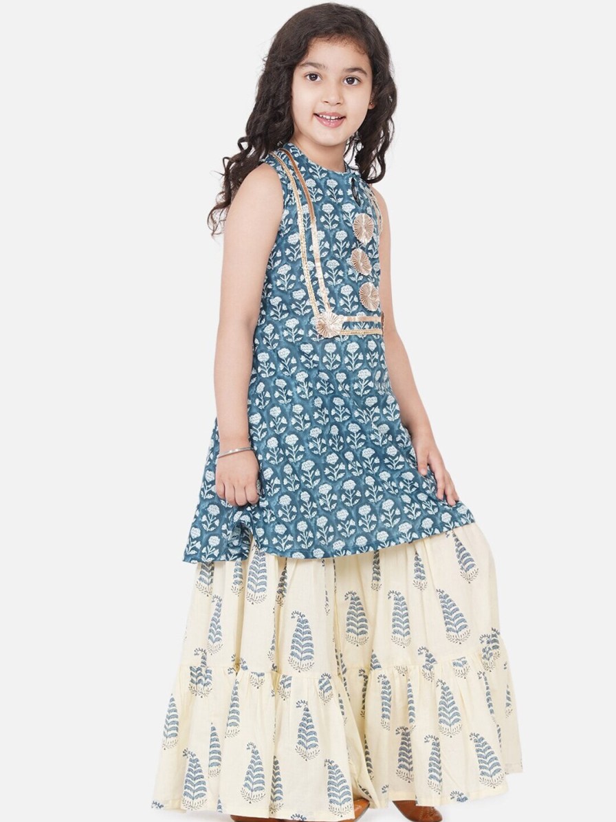 Kids Bitiya by Bhama Kurta Sets | Buy Bitiya By Bhama Girls Blue Floral Printed Pleated Kurta With Skirt - Apparel For Girls