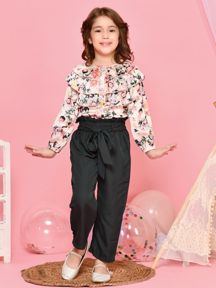 Kids LilPicks Clothing Sets | Buy Lilpicks Girls Beige & Green Floral Printed Frilled Top With Trousers - Apparel For Girls